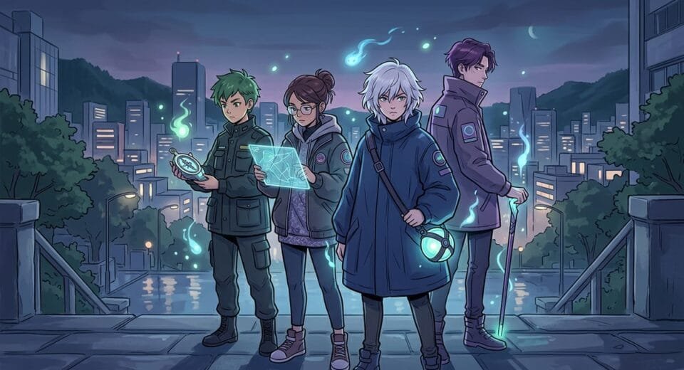 Stylized artwork depicting a group of modern supernatural ghost hunters against an urban twilight backdrop