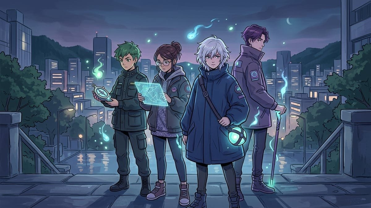 Stylized artwork depicting a group of modern supernatural ghost hunters against an urban twilight backdrop